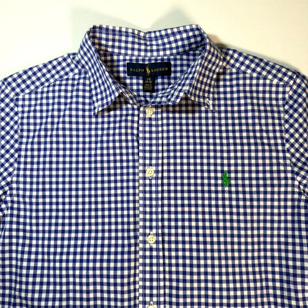 Ralph Lauren Button Down Shirt Boys L 14-16 Blue Gingham Excellent Long Sleeve